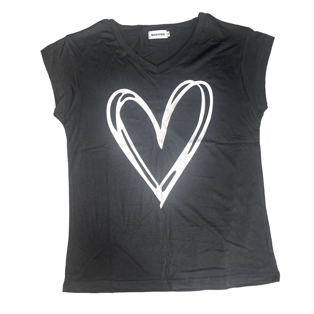 Magicmk V-Neck Black Cotton Blend White Heart Graphic Cap Sleeve Tee Women XL